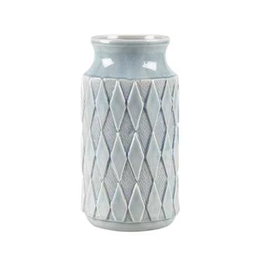 Imagem de Vaso criativo retrô azul padrão diamante vaso de cerâmica sala de estar varanda armário de TV arranjo de flores secas ornamentos de flores vasos de flores