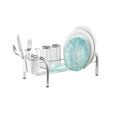 Imagem de Escorredor de Louça Cromado 12 Pratos Suporte 05 Copos Porta Talher Plástico Cozinha Secador