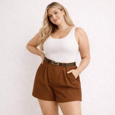 Imagem de Short Alfaiataria Plus Size Feminino Viscolinho Cintura Alta Com Zíper