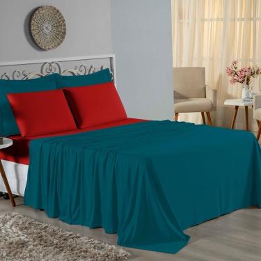 Imagem de Jogo De Cama Solteiro Nobre 3 Peças Lençol Com Elástico De 30cm De Altura Malha 100% Algodão - Petróleo / Vermelho