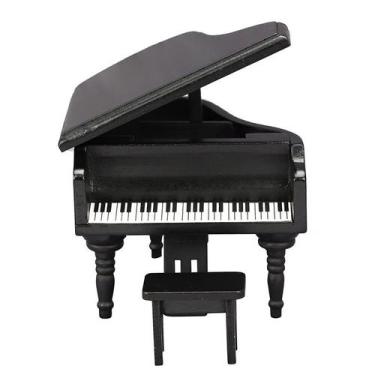 Imagem de Móveis de casa de bonecas em miniatura, piano de cauda preto de madeir