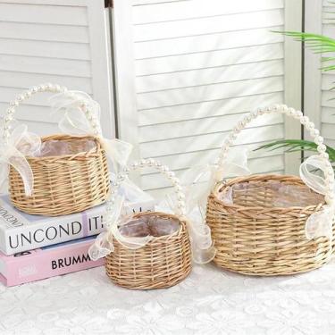 Imagem de Cesta De Vime Marrom Com Alça De Pérolas E Laço, Feita À Mão, Para Flo