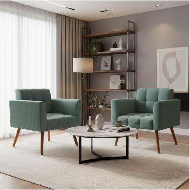 Imagem de Poltrona Sala Decorativa Kit 2 Elisa Pé Palito Castanho Cotelê Ext/Veludo Menta D03 - D'Rossi