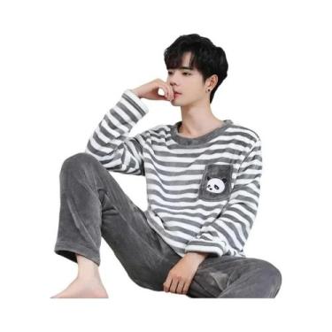 Imagem de Pijamas Masculinos De Fleece Coral Com Gola Redonda E Manga Longa, Con