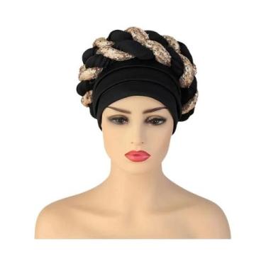 Imagem de Boné turbante trançado de lantejoulas para mulheres africano autogele 