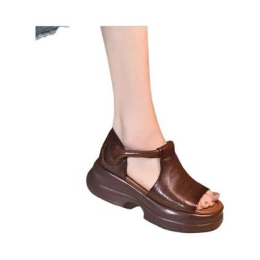 Imagem de Sandálias Femininas Casuais De Verão Em Couro Genuíno Com Plataforma E