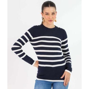 Imagem de Suéter Feminino Tricô Listrado Pérolas Marisa Azul-53389, Azul, P