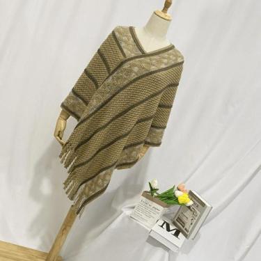 Imagem de Poncho de Lã Tricot com Franjas Inverno Quentinho Elegante Cor:CáquiTa