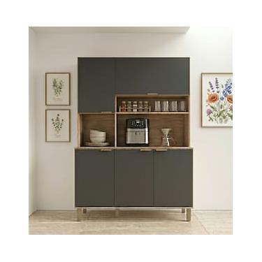 Imagem de Cozinha Compacta Bartira Topázio 5 Portas 3 Prateleiras Damasco e Grafite - 134cm de La...