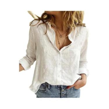 Imagem de Blusa Casual Elegante De Algodão E Linho Para Mulheres, Manga Longa, C