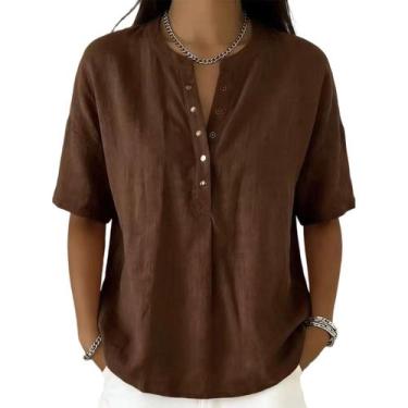 Imagem de Camisa feminina casual de linho e algodão com gola Henley marrom - Hon