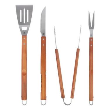 Imagem de Kit Para Churrasco Inox Cabo de Madeira Grande 4 Peças Bel