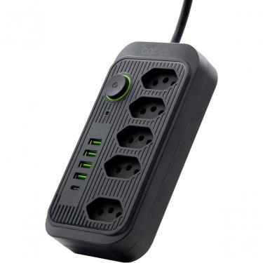Imagem de Extensão Tomada, Régua Tomada, Régua De Energia, 5 Tomadas, 4 Interfaces Usb, 1 Porta Usb Tipo-c, Cabo De Alimentação De
