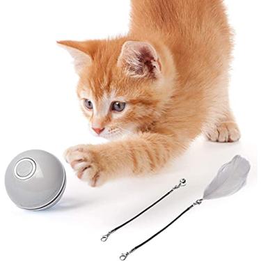 Imagem de Bola de brinquedo para gatos com luz de LED e penas, brinquedo de penas de sino, brinquedos inteligentes para animais de estimação, rotação automática, brinquedo inteligente para gato, recarregável por USB, rolo de caça divertido (cinza)