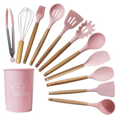Imagem de Conjunto de utensílios de silicone de 12 peças para cozinhar assar espátula de madeira alças de madeira colher resistente ao calor panela antiaderente espátula utensílios de cozinha conjunto de
