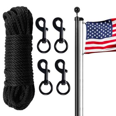 Imagem de BMFTRRI Kit de ferragens para mastro de bandeira - Corda de 1,8 m com 4 peças de ganchos giratórios para mastro de bandeira ao ar livre, acampamento, varal, coleira de cachorro, balanço (preto)