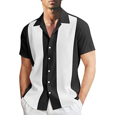 Imagem de Camisa vintage de boliche com botões solta, manga curta, vintage, casual, para praia, camisas sociais engraçadas dos anos 1950 para homens, 0112c-branco, G