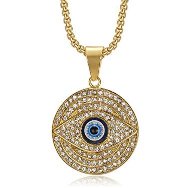 Imagem de NEGS Colar de aço inoxidável com pingente de olho de Hórus Egito para homens e mulheres, corrente de 61 cm azul olho turco joia egípcia presente, Aço inoxidável, Zircônia cúbica