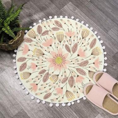 Imagem de Uphome Tapete redondo pequeno de 5 cm círculo bonito tapete de banho com pompons franja planta floral tapetes de banheiro laváveis tapete circular macio antiderrapante para pia de chuveiro em pó quarto berçário mesa de quarto, rosa
