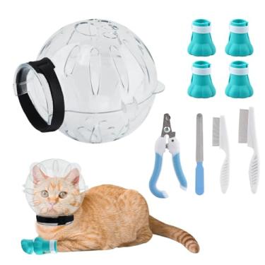 Imagem de Quixleen Capacete de gato para cuidados com bolhas, focinheira para gatos com 4 botas,...