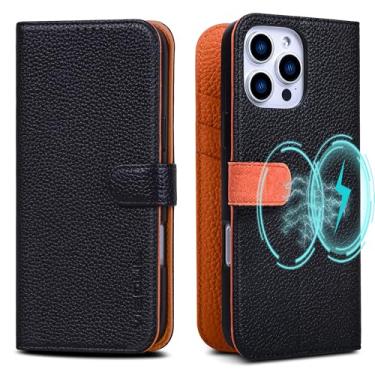 Imagem de VISOUL Capa de couro real com pedrinhas para iPhone 16 Pro com suporte para cartão, capa carteira magnética com suporte à prova de choque, capa fólio compatível com iPhone 16 Pro (6,3 polegadas) -