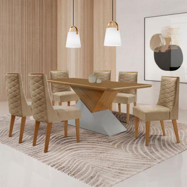 Imagem de Mesa para Sala de Jantar Aster 180cm MDF Tampo Laminado Canto Copo e 6 Cadeiras Safira - Turim 07/Off White/Imbuia