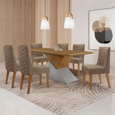 Imagem de Mesa para Sala de Jantar Aster 180cm MDF Tampo Laminado Canto Copo e 6 Cadeiras Safira - Vel. Capuccino Off White Imbuia