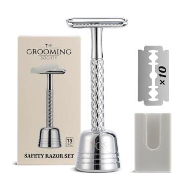 Imagem de THE GROOMING SOCIETY Navalha de segurança de borda dupla para homens com suporte e capa de silicone - Lâmina de segurança de lâmina única ecológica de metal durável com 10 lâminas - Barbear suave e