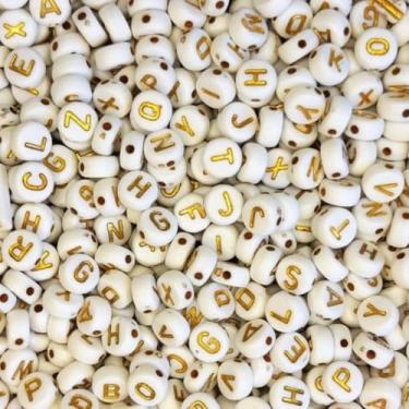 Imagem de 600 Miçangas Letras Alfabeto Redonda Vogais e Consoantes Missanga Infantil Colar Pulseira Artesanato (Branco e Dourado)