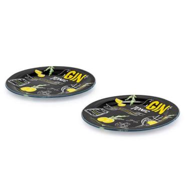 Imagem de Kit 2 prato raso de vidro tema gin 18 cm petisqueira redonda - Loja Bo