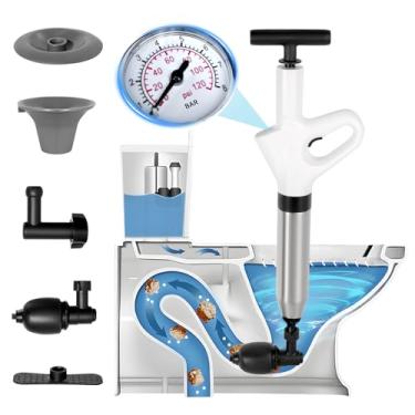 Imagem de Êmbolo de vaso sanitário de alta pressão – Blaster de drenagem de ar de aço inoxidável com barômetro visual – Removedor de entupimento poderoso para banheiros, banheiros, ralos de chão, canos de