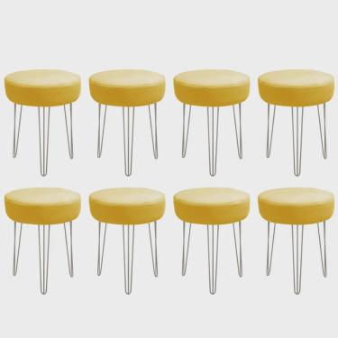 Imagem de Kit 08 Banquetas Puff Jullia Luxo 55cm Industrial Ferro Cinza Corino Amarelo - Ahz Móveis