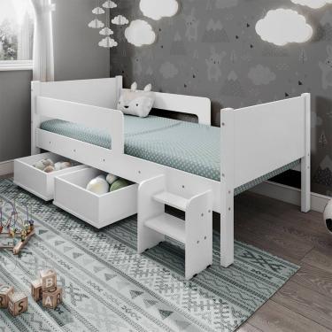 Imagem de Cama Solteiro com 2 Baus Organizador e Escada Mdf Luna Plus Branco