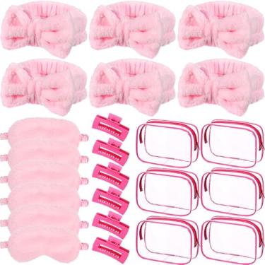 Imagem de Wavyknot 24 peças de lembrancinhas de festa do pijama para meninas, 6 faixas de cabelo rosa para maquiagem, 6 máscaras de pelúcia para dormir, 6 presilhas de cabelo vermelho rosa, 6 bolsas de