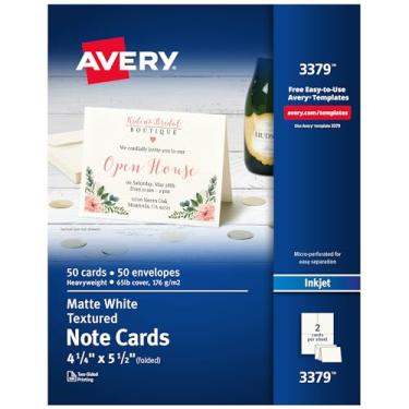 Imagem de Avery Cartões de notas imprimíveis com envelopes, 10,8 cm x 14 cm, branco texturizado, 50 cartões em branco para impressoras jato de tinta (03379)