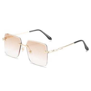 Imagem de Óculos de sol de metal sem aro da moda, feminino, masculino, vintage, tendência, óculos de grau feminino, viagem, fotografia de rua, óculos de sol UV400 (chá dourado)