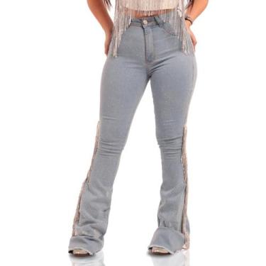 Imagem de Calça Jeans Feminino Delavê Diamond Franjas Strass Moda Country Elasta
