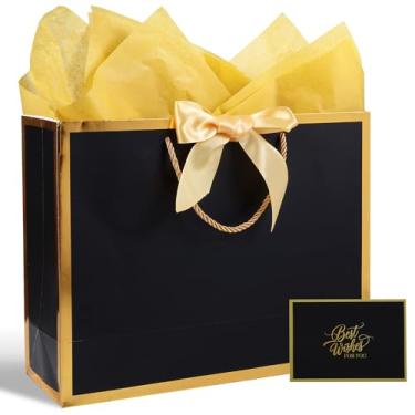 Imagem de Plauthus Bolsa de presente preta com fita, bolsa de presente grande de 33 cm com alça, cartão de felicitações e 2 papéis de seda (moldura dourada) para aniversários, casamentos, aposentadorias