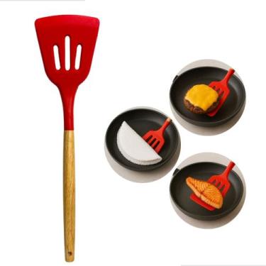 Imagem de Espatula Vazada De Silicone 32cm Vermelho Cabo Madeira Tavolo Resisten