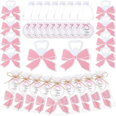 Imagem de Meanplan Conjunto de 24 abridores de garrafa de laço rosa coquete laço rosa lembrancinhas de festa abridor de garrafa de cerveja cartão de agradecimento saco de organza corda de juta para convidadas