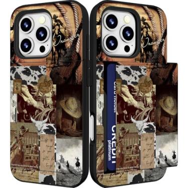 Imagem de IWONE Capa feminina compatível com iPhone 13 Pro com suporte para cartão, proteção contra quedas, à prova de choque, capa tipo carteira para celular - marrom caubói country oeste