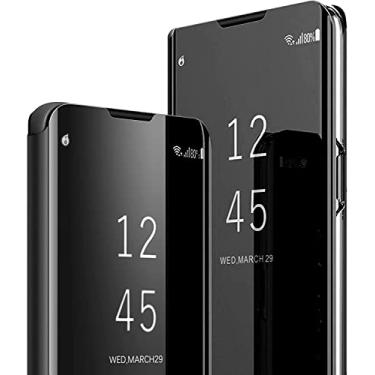 Imagem de Migexxkj Compatível com Samsung Galaxy S24 FE capa flip de couro transparente S-View espelho à prova de choque com suporte anti-arranhões capas de telefone para Samsung S24 FE 5G (preto)