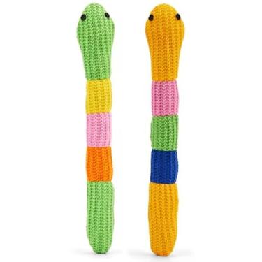 Imagem de Brinquedo de gato cobra de crochê com erva de gato orgânica certificada – pelúcia de crochê macio, brinquedo interativo para mastigar e dentário para gatos e gatinhos, PP (verde e amarelo, pacote com