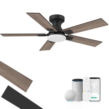 Imagem de Ventilador de teto de perfil baixo inteligente de 106.7 cm com controle remoto de luzes, motor CC de 6 velocidades, controle de voz Wi-Fi via aplicativo Alexa, LED regulável, ventiladores de montagem