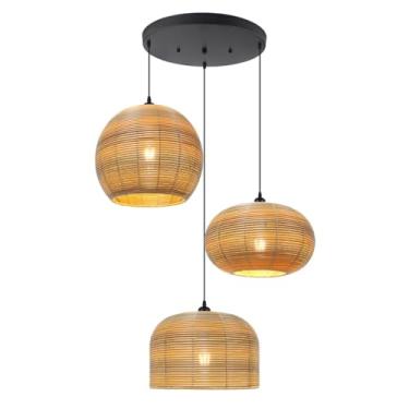 Imagem de AOODU Lustre grande tecido à mão com pingente de vime 3 luzes boho luminária pendente cesta de vime sombra de vime lustre de vime lustre de vime para sala de estar, sala de jantar, cozinha
