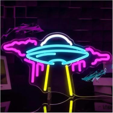 Imagem de Sinais De Néon De Arte Pendurados Sinal De Néon Ufo Nave Espacial Alienígena Regulável Led Luz Para Decoração De Parede Lâmpada Usb Alimentada Para Sala De Jogos Espacial Infantil