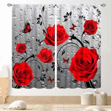Imagem de Cortinas florais rosas vermelhas, flores românticas abstratas modernas, dia dos namorados, romance, pingos de chuva, cortinas de janela cinza, tratamentos para mulheres, meninas, quarto, sala de estar