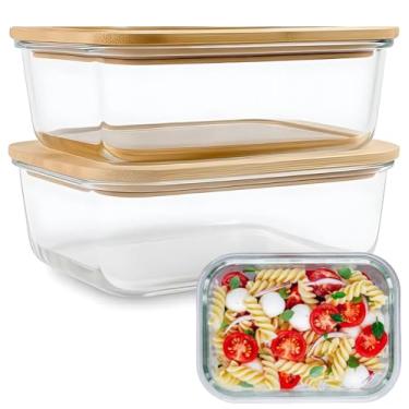 Imagem de Kit 2 Potes Marmita de Vidro Retangular com Tampa Hermética De Bambu 1040ml