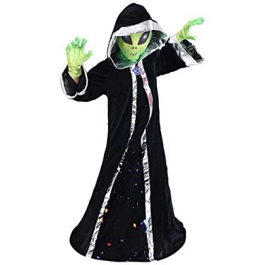 Imagem de STIOEDYUAN Kids Alien Costume Children Hooded Cloak Gloves Green Mask Balaclava Cosplay Christmas Halloween Costume for Boy Girl (Black, Large)