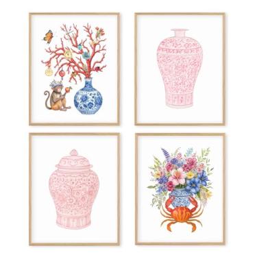 Imagem de Boat Wades Chinoiserie Conjunto de 4 impressões de arte de parede florais de macaco caranguejo costeiro, rosa e azul, porcelana, coral, pôsteres, fotos, decoração de parede para quarto, sala de estar